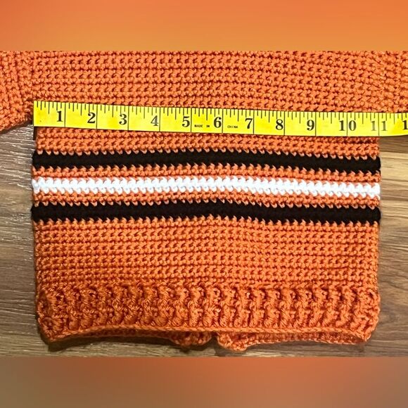 Handmade- crocheted orange sweater with black and white stripes and Fox Buttons - Picture 2 of 9